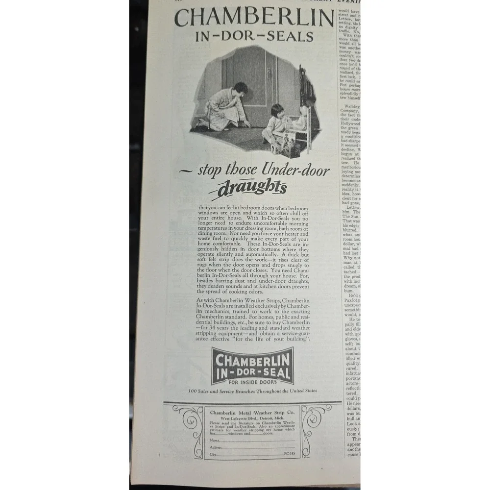 1927 Print Ad Chamberlin In Dor Seals Stop‎ Drafts Vintage Metal Weather Strip
